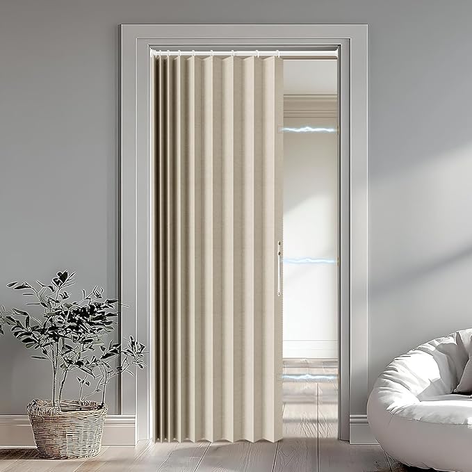 Accordion Door Curtain Set - 100% Blackout, with Curtain Rod Included, for Bedroom Privacy Protection (Off white-43 W x 78" L+Rod)