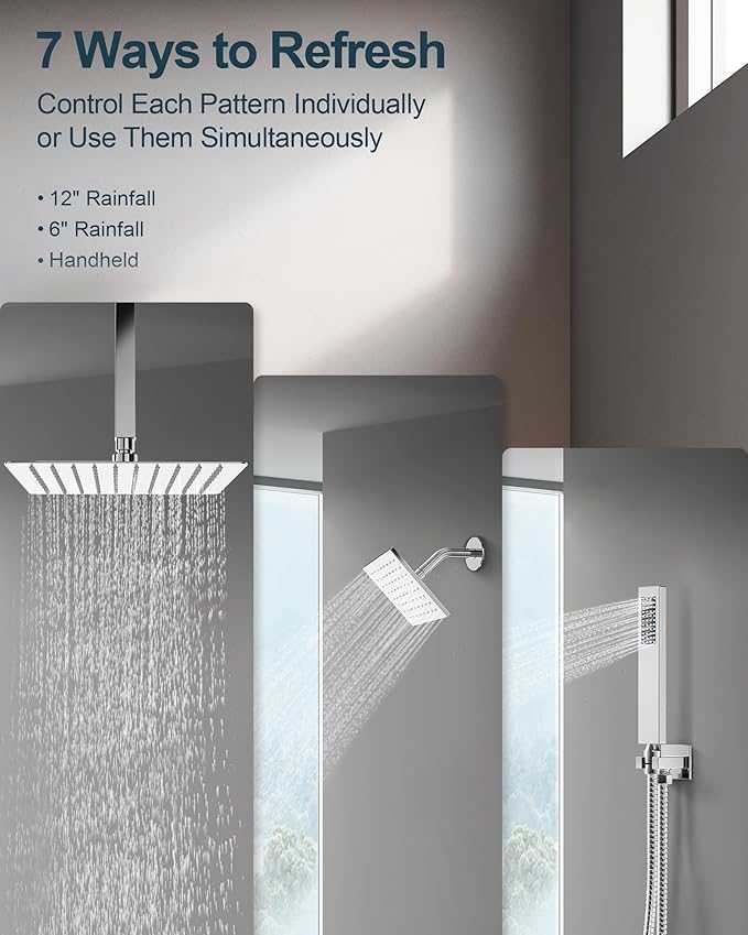 Thermostatic Shower System, Dual Rainfall Shower Heads for Ceilling & Wall Mounted with Handheld Sprayer, Chrome