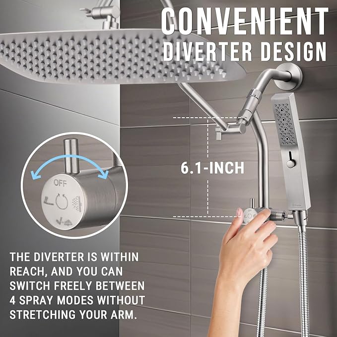G-Promise 14 Inches Shower faucet Sets Complete, All Metal Rainfall Shower Head and Handle Set, Extended Downward Diverter, Extension Arm Pressure Balance Rough-in Valve and Tub Spout Included