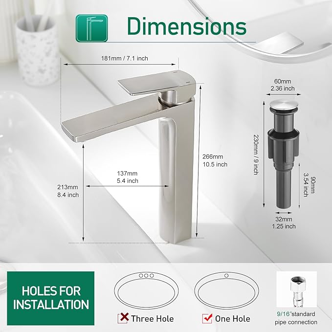 VOTON Brushed Nickel Vessel Sink Faucet Single Handle Tall Bathroom Sink Faucet Vanity Bathroom Faucet Basin Mixer Tap with Water Supply Hose and Pop Up Sink Drain