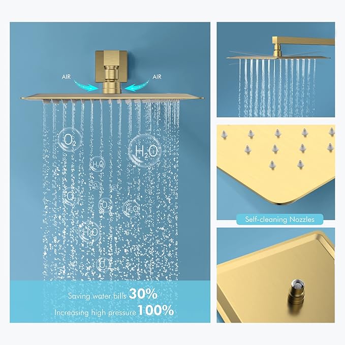 Brushed Gold Shower System with Body Jets，Bostingner 12" Rain Shower and Handheld, Can Use All Spray at A Time,Wall Mount Push Button Shower Faucet Set with Valve and Trim Kit Included