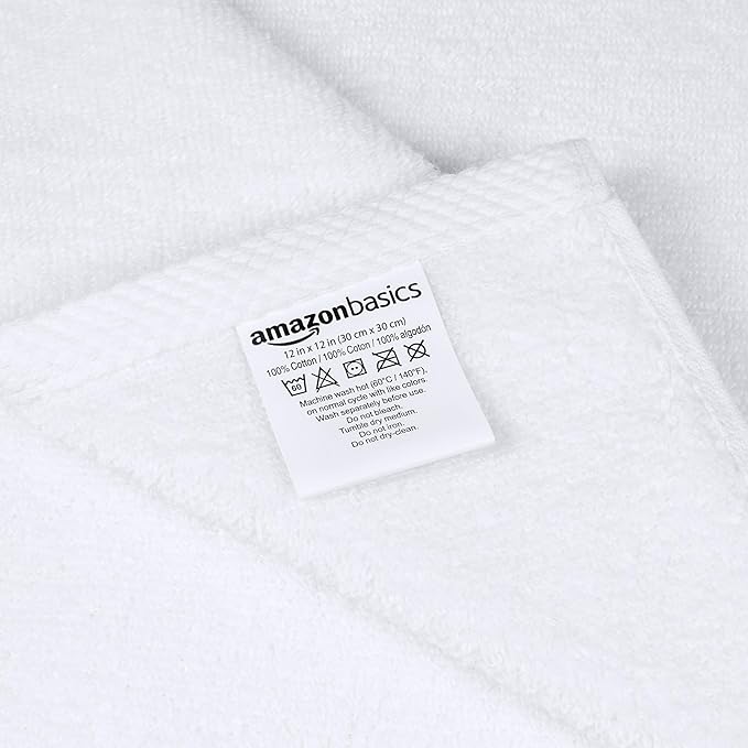 Amazon Basics Cotton Washcloths, Quick-Dry, 12" x 12", 12-Pack, White