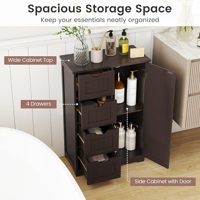 Tangkula Bathroom Floor Cabinet, Freestanding Storage Cabinet with 4 Drawers & Single Door, Adjustable Shelf, Multipurpose Bathroom Storage for Home Office, 21.5 x 12 x 32.5 Inches (Coffee)