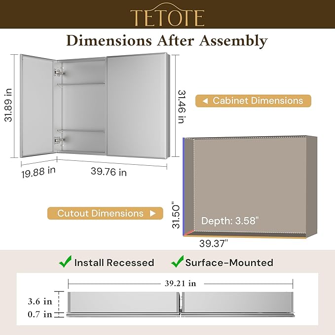 TETOTE 40 x 32 Medicine Cabinet with Tempered Beveled Mirror Silver Medicine Cabinet Mirror Aluminum Cabinet DTC Hinges, Stepless Adjustable Shelves, Recessed/Surface-Mounted