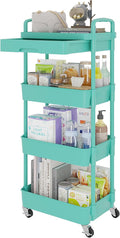 Calmootey 4-Tier Rolling Utility Cart with Drawer,Multifunctional Storage Organizer with Plastic Shelf & Metal Wheel,Storage Cart for Kitchen,Bathroom,Living Room,Office,Green