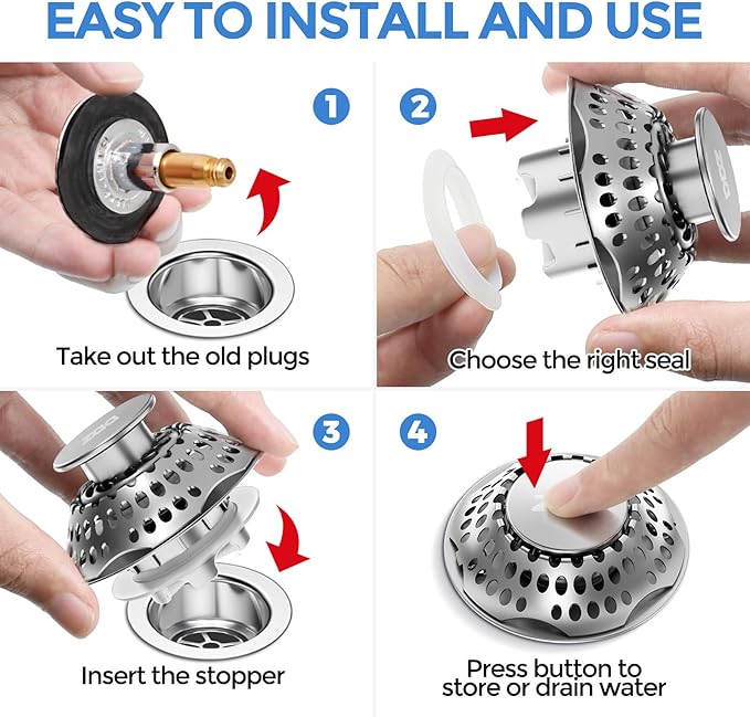 zaa Bathtub Drain Stopper, Upgraded 2in1 Tub Stopper Bathtub Drain Cover and Hair Catcher, Pop Up Bathtub Drain Plug, Replaces Lift & Turn, Tip-Toe or Trip Lever, for 1.46-2" W Drain Hole, Silver