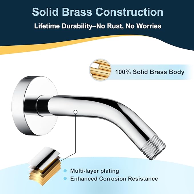 BRIGHT SHOWERS Brass Shower Arm with Flange 6 Inch Wall Mounted Shower Pipe Arm Extension for Fixed Shower Head and Handheld showerhead, Chrome