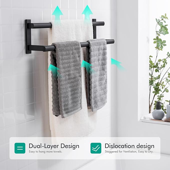 BAGNOLUX Double Towel Bar, SUS304 Towel Racks for Bathroom Wall Mounted 2-Tiers Ladder Towel Rails, Space Saving Bathroom Towel Holder Shelves Rack, Long Towel Hanger (16"-Square-Matte Black)