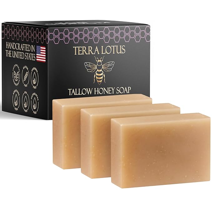 Organic Tallow Soap with Organic Castor Oil & Raw Honey - Relief for Dark Spots, Acne Marks, Hydrating & Nourishing - 3 Pack (Lavender)