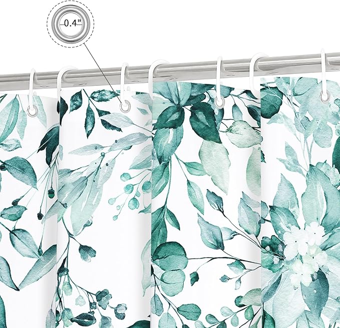Gibelle Long Shower Curtain 72 x 78, Teal Floral Shower Curtain for Bathroom, Watercolor Plant Eucalyptus Leaves Fabric Shower Curtain Set