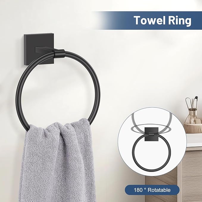 TURS Matte Black 5-Pieces Bathroom Hardware Set SUS304 Stainless Steel Towel Bar Set Wall Mounted 23.6 Inch Towel Racks for Bathroom Square Towel Holder Set