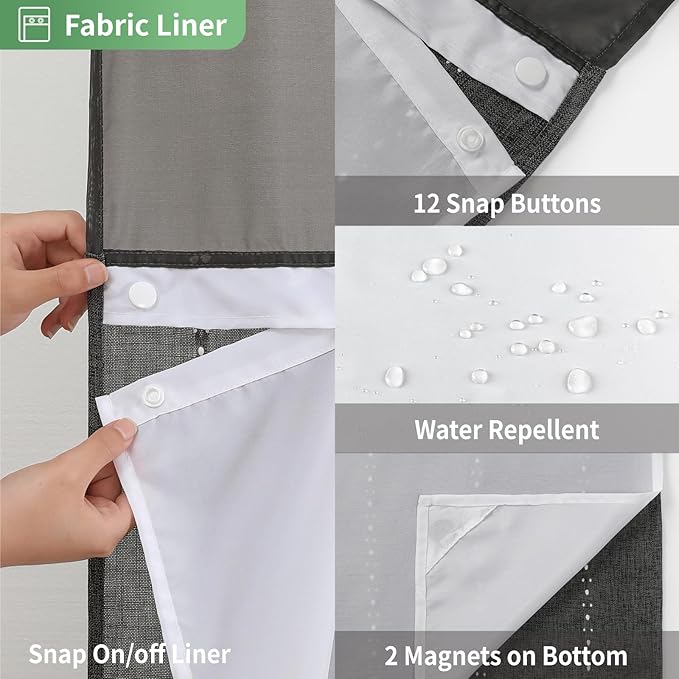 No Hook Long Shower Curtain Set with Snap-in Fabric Liner,Linen Textured Thick Striped Fabric with Tassels,Boho Farmhouse Rustic Luxury Bathroom Curtain,Water-Repellent,Charcoal Grey,71x80