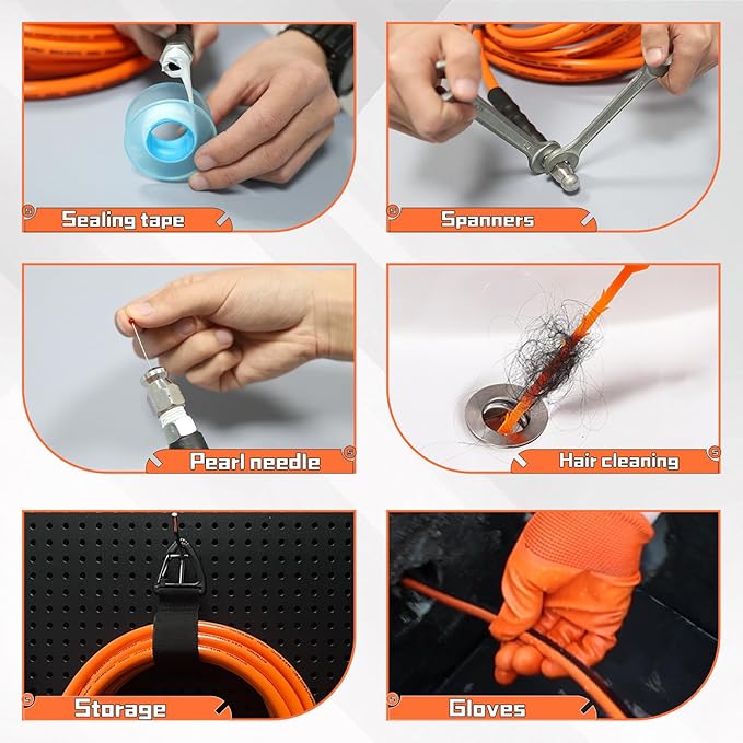 Sewer Jetter Kit for Pressure Washer 150FT,5800psi Drain Cleaner Hose 1/4 Inch Npt Corner, with 5 Sewer Jetting Nozzles Sealing Tape Pearl Corsage Pin Spanner Glove Drain Snake
