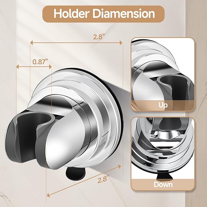 Shower Head Holder, Removable Shower Head Holder Suction for Hanheld Shower Head No Drill Wall Mount Holder Chrome Universal 360° Adjustable Suction Holder