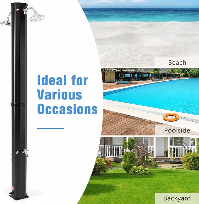 Goplus 9.3 Gallon Solar Heated Outdoor Shower, 7.2 FT Freestanding Garden Shower with Dual Swivel Shower Heads & 2 Foot Showers, Adjustable Temperature,for Poolside Backyard Beach
