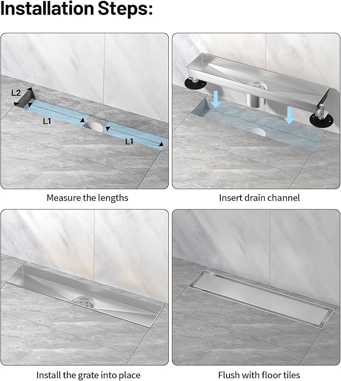 Linear Shower Drain, 304 Stainless Steel with Adjustable Leveling Feet, Hair Strainer,Reversely Install Place to Create an Invisible Floor Drain - Silver -24-Inch