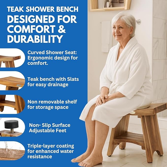 EcoDecors Teak Shower Bench 18", 300 lb Capacity – Waterproof Wood Bath Seat with Shelf, Spa Seating for Adults – Compact Fit for Small Bathrooms & Walk-in Showers – Slip-Resistant Feet
