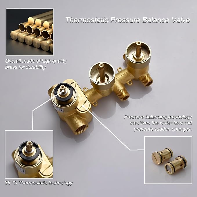 Thermostatic Shower System Brushed Gold Shower Faucet Set, Four Modes Shower Faucet with 4 PCS Body Jet, Handheld Spray, Ceiling Mount 12 inch Shower Head with 8 inch Wall Mount Shower Head