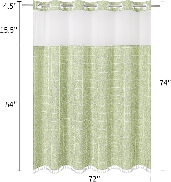 MitoVilla No Hooks Required Farmhouse Shower Curtain with Snap-in Liner - with Window & Magnets, Boho Cotton Linen Fabric Shower Curtains with Tassels for Rustic Bathroom Decor, Sage Green, 72 x 74