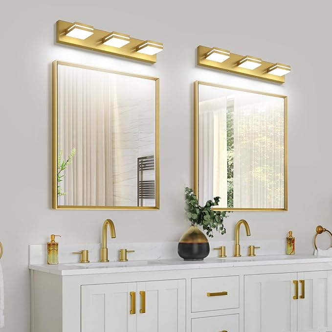 SineRise LED Modern Bathroom Vanity Light Fixtures (3-Light, 24-Inch), Brass Modern Acrylic Bathroom Wall Lighting Fixtures Over Mirror (Cool White 6000K)