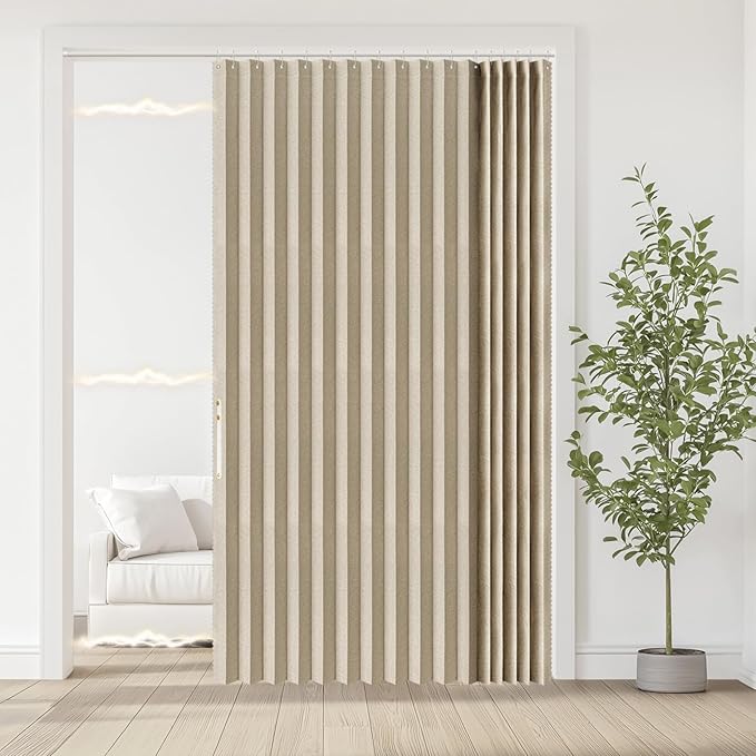 Accordian Door Curtain, 100% Blackout Folding Magnetic Doorway Curtains,Linen Style Closet Doors,for Room Divider,Privacy Protection（W72 x L78,Beige,1 Panel）