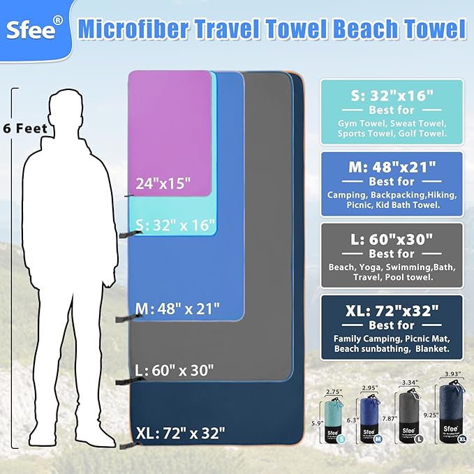 Sfee 2 Pack Microfiber Travel Towel, Quick Dry Towel Camping Beach Towel Super Absorbent Compact Lightweight Sports Gym Towels Set for Beach, Gym, Hiking, Pool, Backpacking, Bath, Yoga