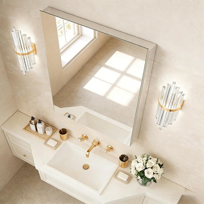 Bathroom Medicine Cabinet with Mirror, 20x26 Recessed or Wall Mirror Medicine Cabinet with Storage Adjustable Glass Shelves, Beveled Edge Mirrored Door with Aluminum Cabinet Hinges