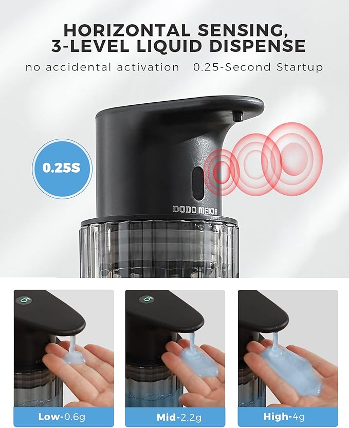 Automatic Liquid Soap Dispenser Touchless, 10oz/300ml Rechargeable, 3 Adjustable Liquid Levels, IPX5 Waterproof, for Kitchen Bathroom, Black