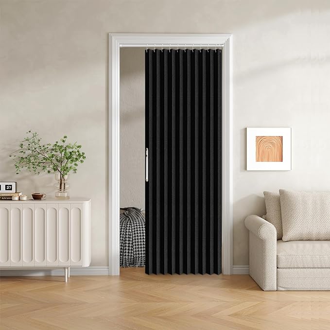 100% Blackout Fabric Folding Door Curtain with Magnetic Closure - Accordion Style for Sliding Doors, Closets,Wardrobe and Temporary Door Solutions Doorway Curtains（W42 x L78, Black，1 Panel）