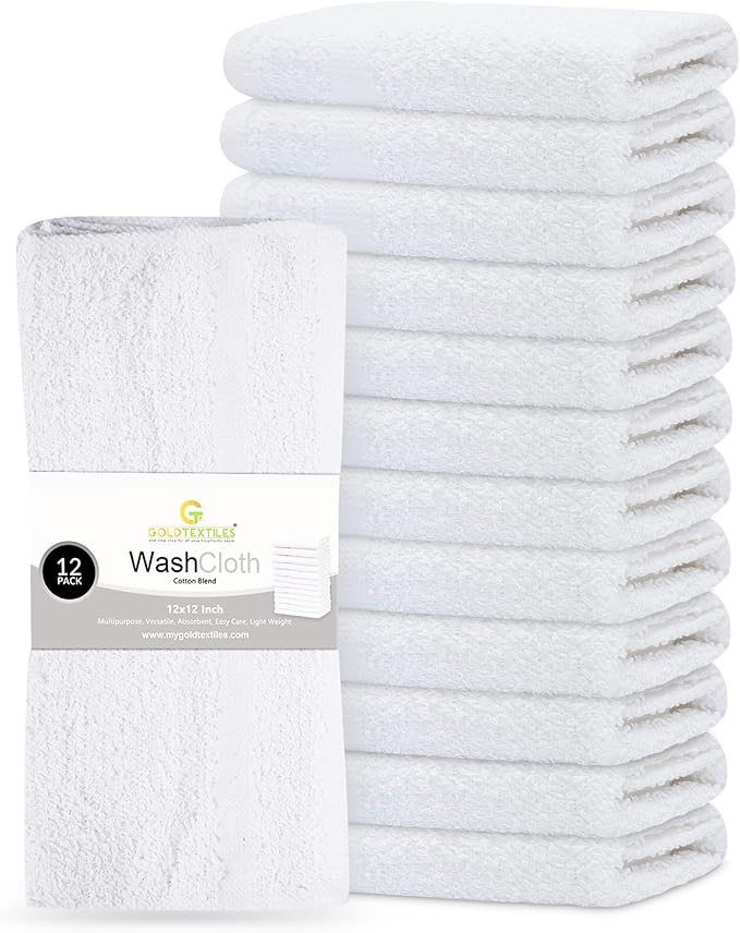 GOLD TEXTILES 12 Pack Economy White Washcloths Set (12x12 inches) - Cotton Blend Commercial Grade Cleaning Rags, Quick Drying & Soft Face Cloths, Fingertip Towels for Bathroom, Spa, Gym, and Kitchen