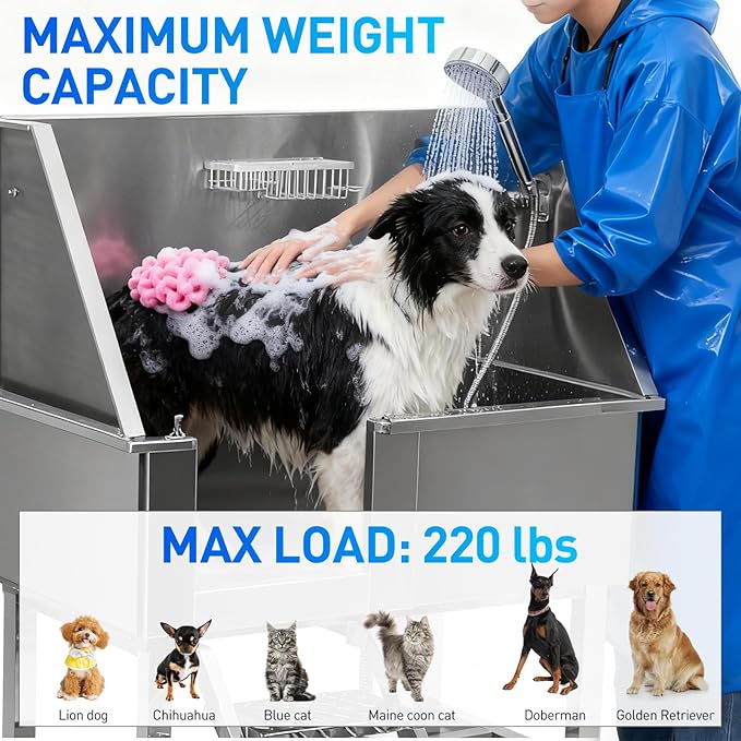 Dog Washing Station Stainless Steel, 38-Inch Dog Bathing Station Bath Tub, Pet Grooming Bath Tub With Left Ramp & Removable Door & Showerhead & Faucet & Soap Holder For Large, Medium & Small Pet