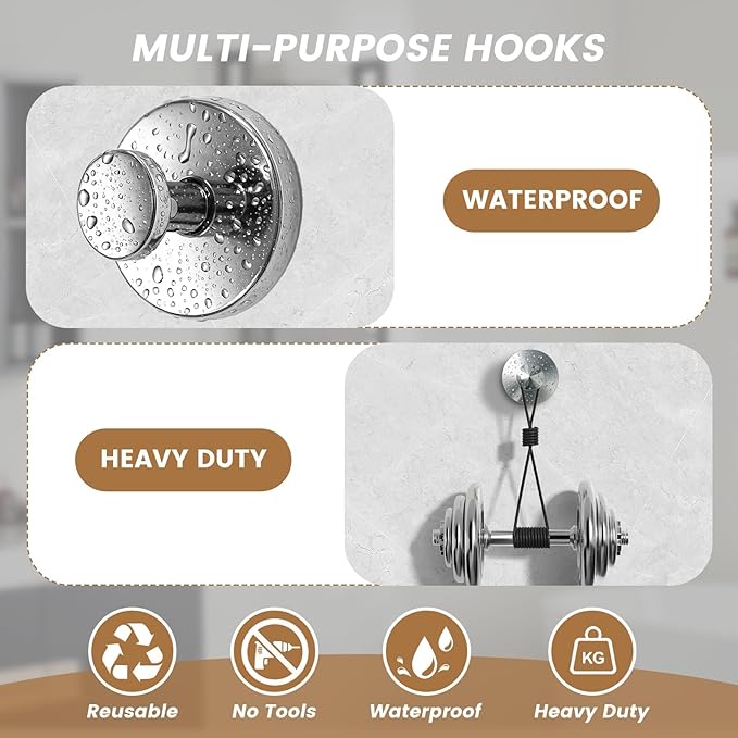 BKV Suction Cup Hooks for Glass Window,Removable Shower Hooks for Inside Shower,Metal Towel Hooks for Bathrooms,2 Pack(Mirror)