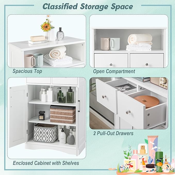 Tangkula Bathroom Cabinet, Floor Standing Storage Organizer w/2 Drawers & 2 Doors, 3-Position Adjustable Shelves, Anti-Toppling Design, Floor Cabinet for Bathroom (White, 2 Drawers & Cabinet)
