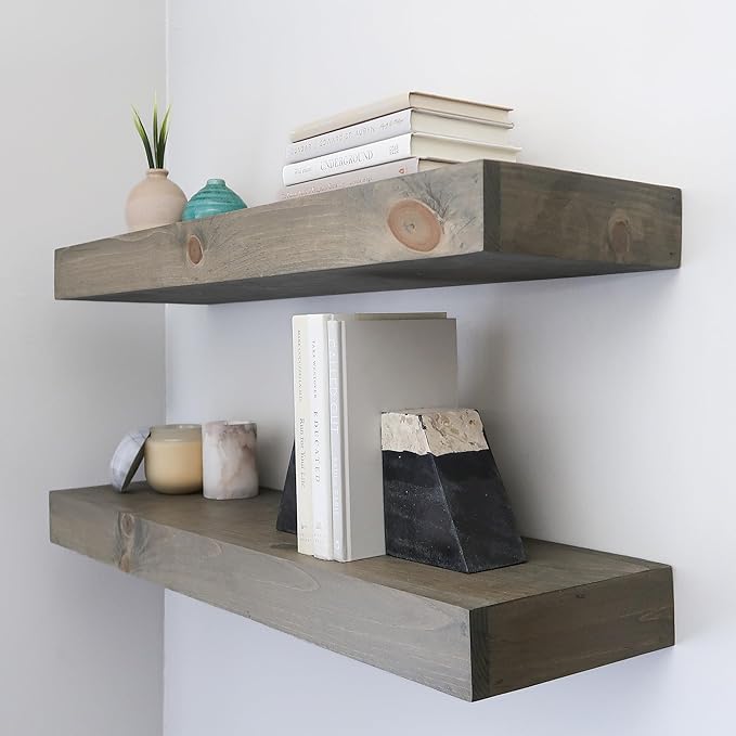 Urbandi Modern Floating Shelves 3 Inches Thick for Wall, Wide Shelves for Kitchen, Living Room, Bedroom, and Bathroom, Natural Pine Wood, Rustic Wooden Shelf, (Set of 2) (Aged Barrel, 24Lx3Hx8D)