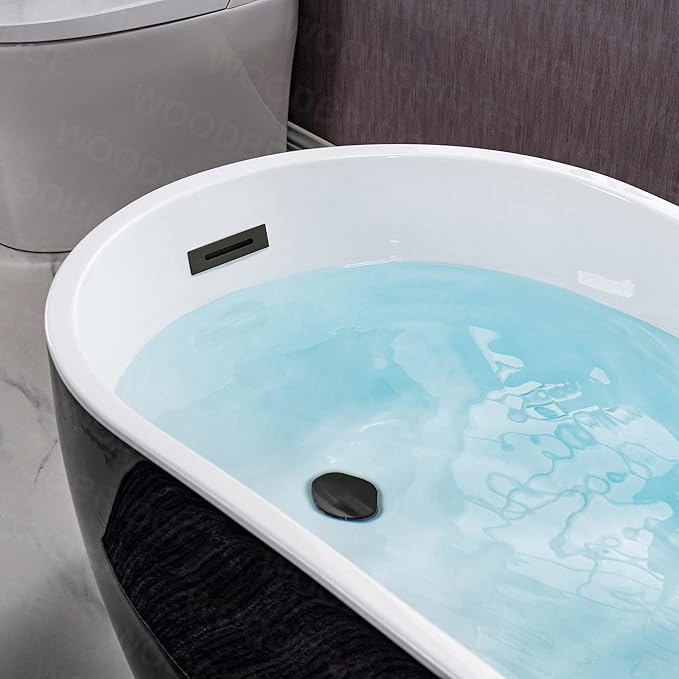 WOODBRIDGE 54" Freestanding White Acylic Soaking Bathtub with Matte Black Drain and Overflow,Black,B1807-MB