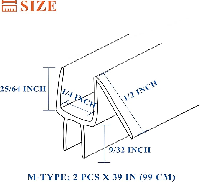 Frameless Shower Door Seal Strip 2 Pack x 39 Inch M Glass Shower Door Bottom Seal Side Seal Strip Door Sweep for 1/4" Glass Ultra-Clear Polycarbonate Stop Shower Leaks Create A Water Barrier