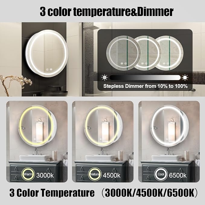 24inch Round Medicine Cabinet with Lights,Led Medicine Cabinet with Defogger,Illuminated Mirror Cabinet for Bathroom,Dimmable,Anti-Fog,3 Colors,Surface Mount Only,White
