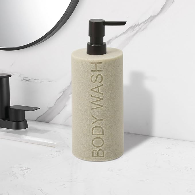 Resin Tan Sandstone Body Wash Engraved Bottle Refillable Pump Dispenser, Durable Waterproof Resin Construction for Bath, Shower - Tan Sandstone, ORB Pump