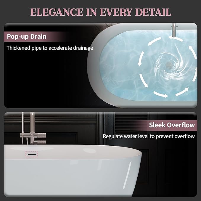 ABRUZZO 60" Acrylic Freestanding Bathtub - Oval Deep Soak Tub, Center Drain & Overflow, cUPC Certified Glossy White