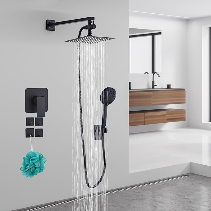 Shower Head 8'' High Pressure Rainfall, Handheld Shower Combo with 11'' Extension Arm, 5 Spray, Anti-leak Luxury Premium Quality, Rainfall Shower Head with Handheld Spray Combo, Matte Black