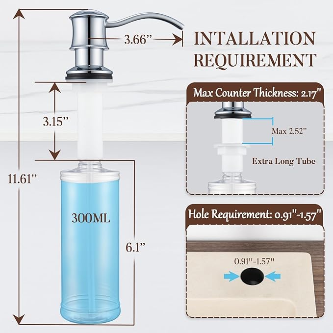 Built in Soap Dispenser for Kitchen Sink Countertop, Solid Brass Pump Head Long Spout with 10.2 Ounce PET Food Safe Material Lotion Bottle, Chrome Finish