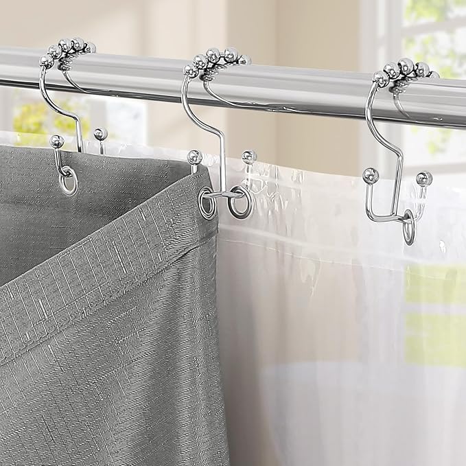 MitoVilla 3 in 1 Shower Curtain Set, Grey Boho Farmhouse Linen Textured Bath Curtain and Clear PEVA Liner Set with 12 Double Sided Steel Hooks, Waterproof Fabric Hotel Bathroom Curtain - 72x72