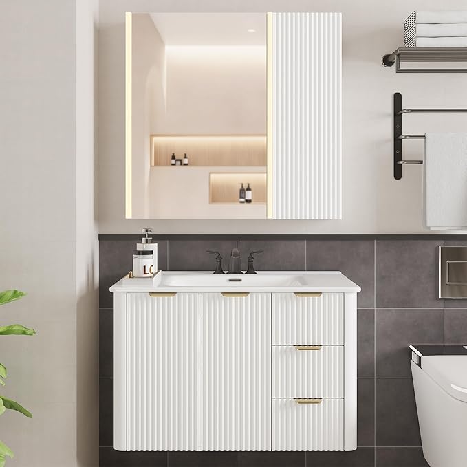 Lighted Bathroom Medicine Cabinet with Mirror，30 x 28 Inch Wall-Mounted Bathroom Wall Cabinet with Storage, LED Lights, Adjustable Shelves,White