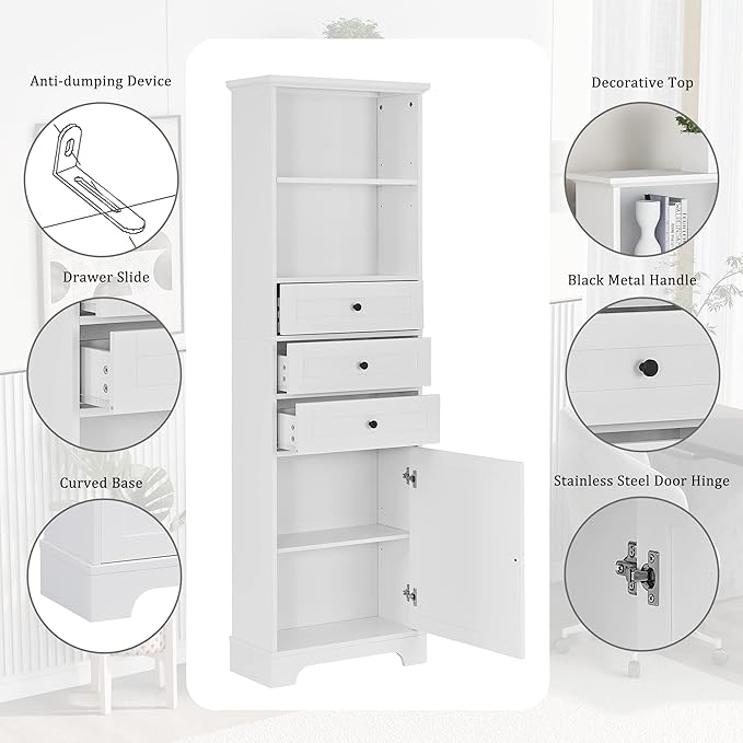 Harper & Bright Designs Storage Cabinet, 67.3 Inch Freestanding Tall Floor Bathroom Storage Cabinet with 3 Drawers, One Drawer, and Adjustable Shelves for Bathroom, Office, and Living Room (White)