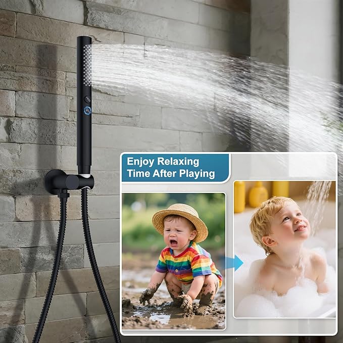 Shower System Shower Faucet Set Rainfall Shower Set with Valve 12+6" Dual Rain Shower Head with Handheld Ceiling Mount Wall Mount Shower Head Shower System, Matte Black