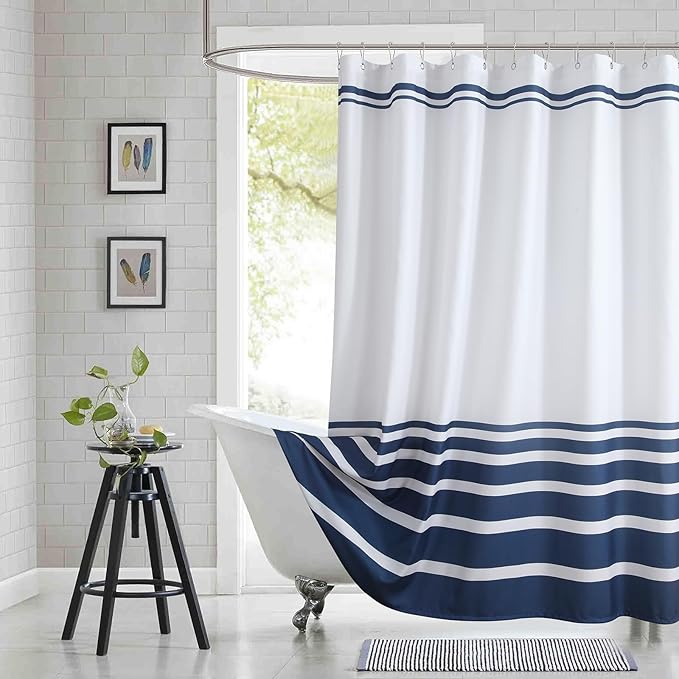 Extra Long Blue and White Striped Shower Curtain 72x84 Inches, Waterproof Fabric with Modern Gradient Lines, 12 Rustproof Grommets & Weighted Hem