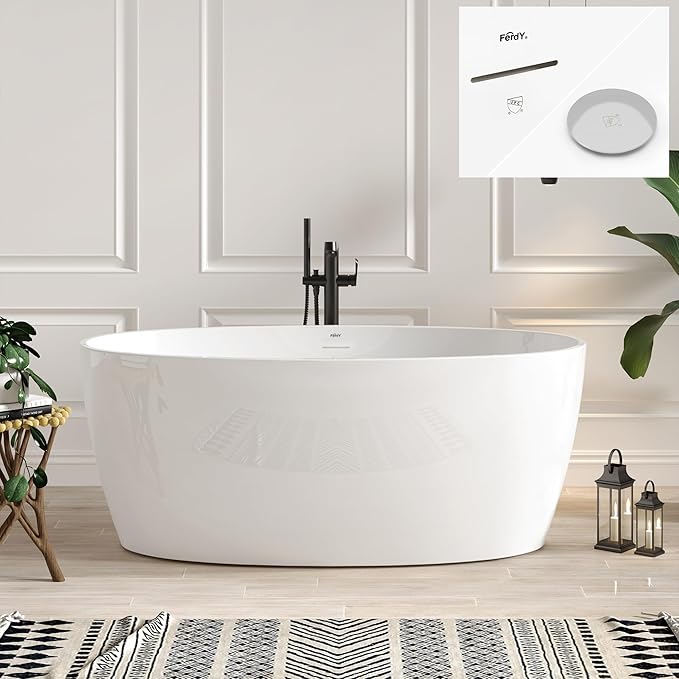 FerdY Tahiti 59" Acrylic Freestanding Bathtub, Elegant Oval Shape Bathtub, Glossy White, Polished Chrome Drain & Integrated Slotted Overflow Assembly Included cUPC Certified