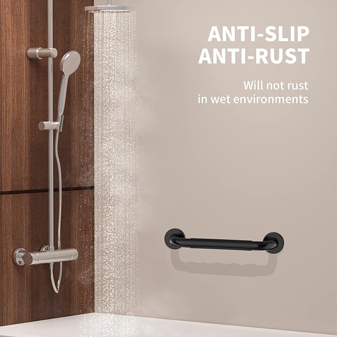 20 Inch Shower Grab Bar w/Anti Slip Rubber Grip, Munzong Black Stainless Steel Bathroom Grab Bar, Bathroom Balance Bar,Safety Handrail Support,Handicap Injury Elderly Senior Assist Bath Handle