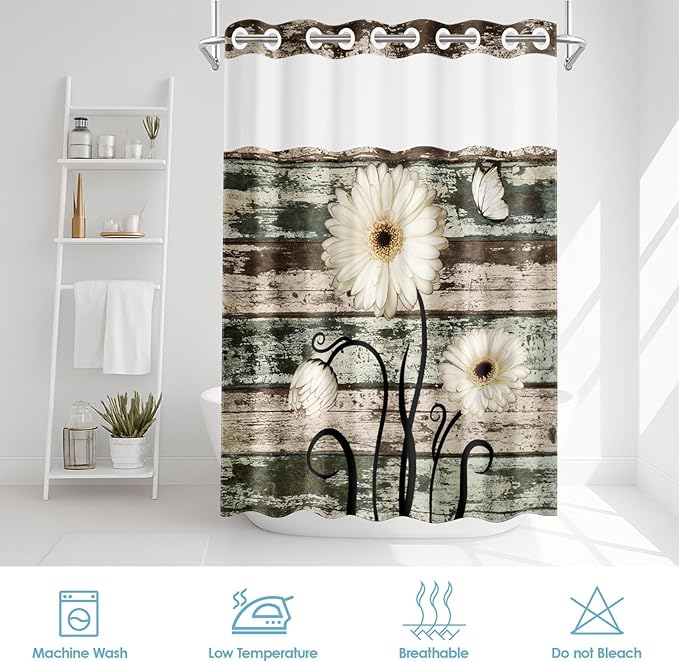 No Hook Vintage Flower Shower Curtain with Snap in Fabric Liner Set, Daisy Wooden Boards Double Layers Waterproof Fabric with See Through Top Window Open Grommet Bath Curtain 71x86 Inch