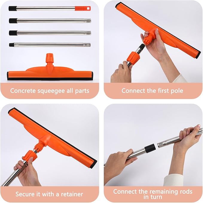 Multi-Purpose Floor Squeegee,Long-Handled EVA Scraper,Adjustable 68-inch Stainless Steel Rod, Ideal for Concrete, Tile, Garages, Terraces, Decks and Swimming Pools(Orange)